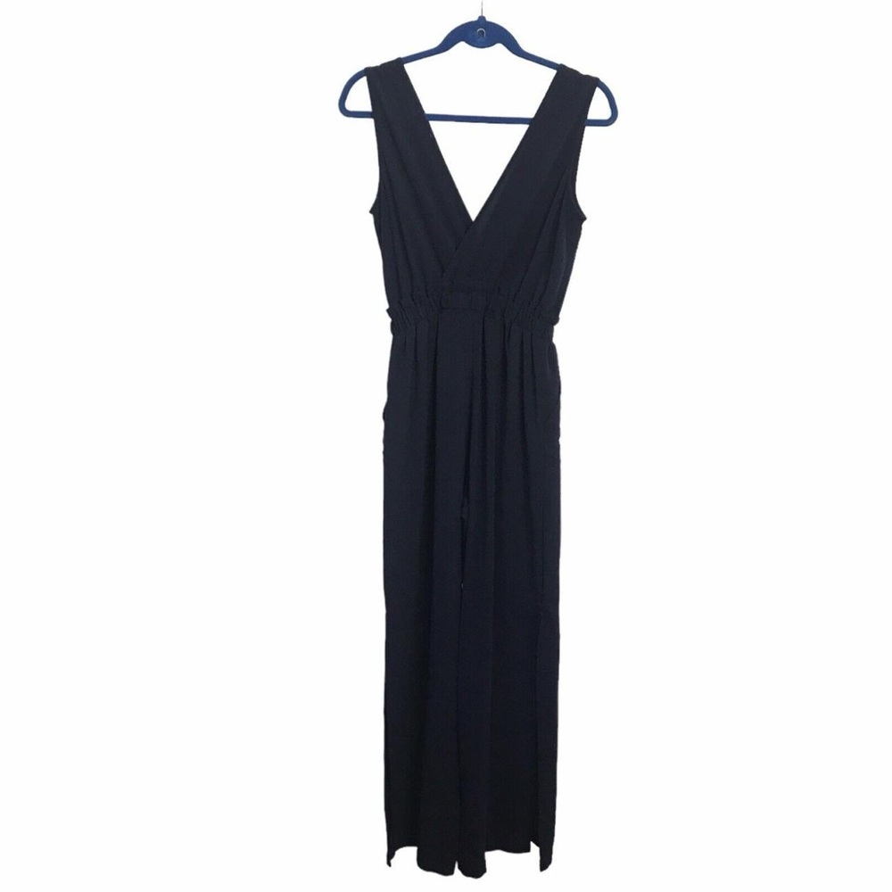 NWT Monteau Jumpsuit Size XL Crossover Slit Wide Leg Black Elastic Waist